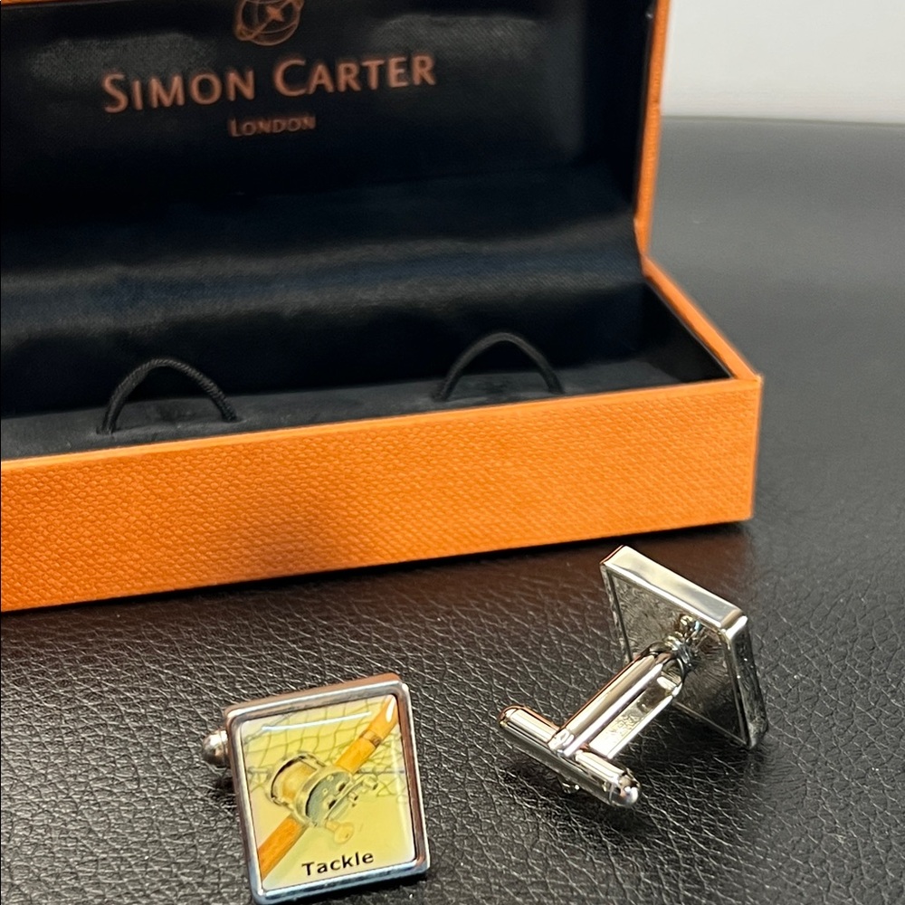 England Simon Carter London cufflinks featuring a fishing tackle design